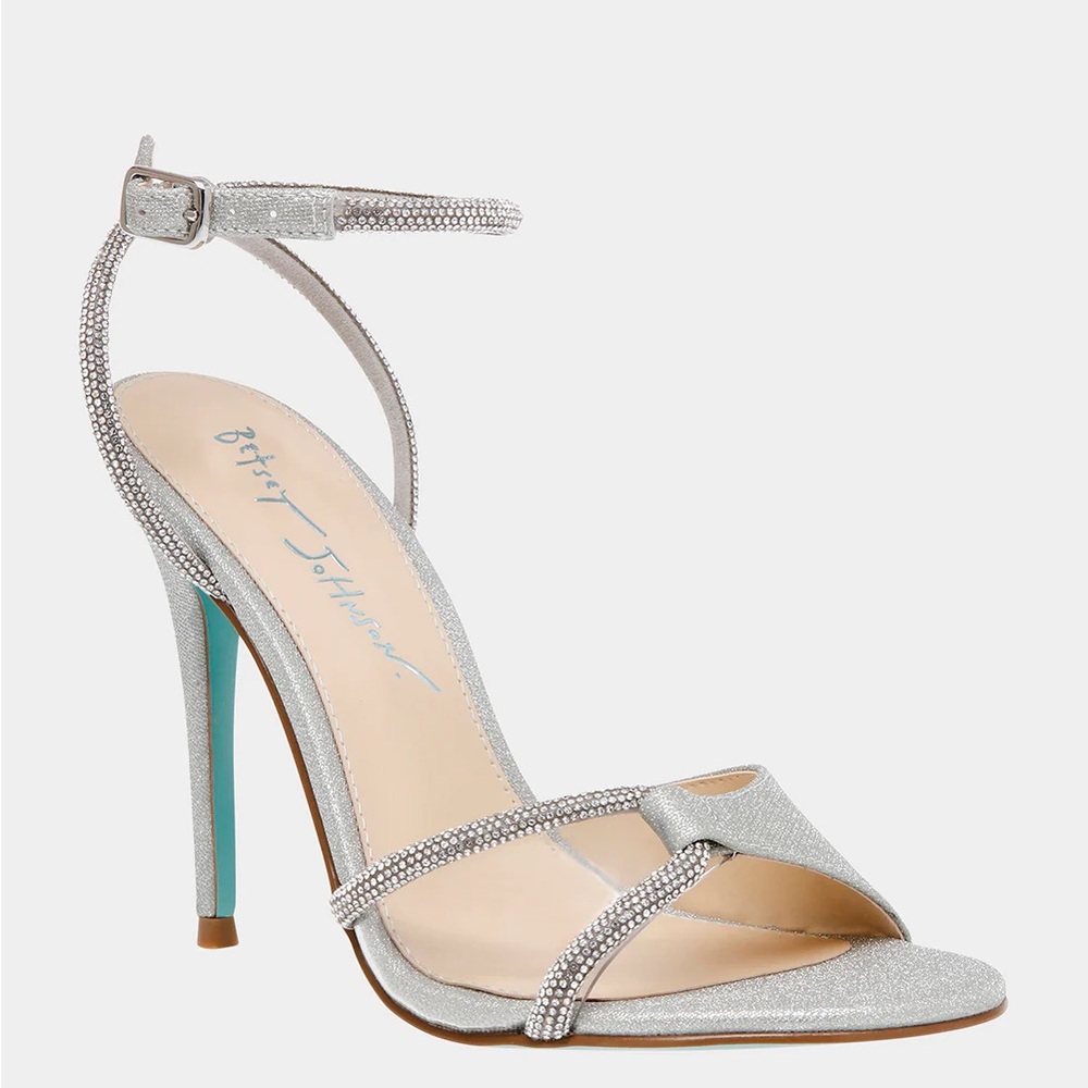 NWT Betsey Johnson Vera Silver Party Evening Ankle Strap Heels